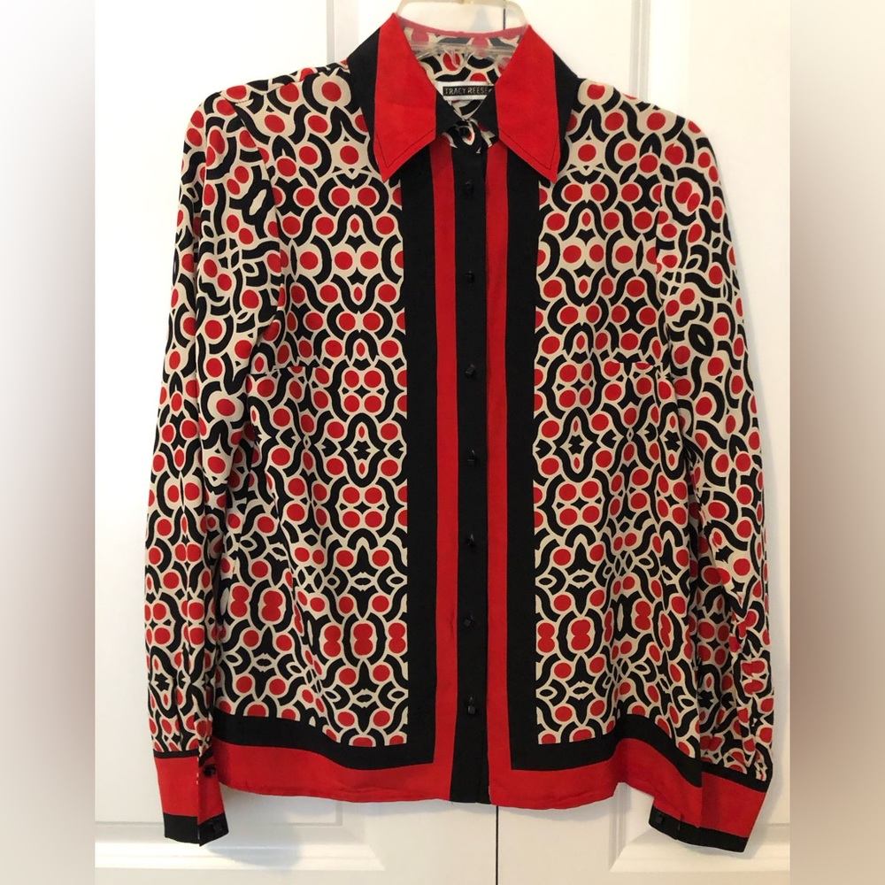 Tracy Reese 100% silk mod print blouse size XS